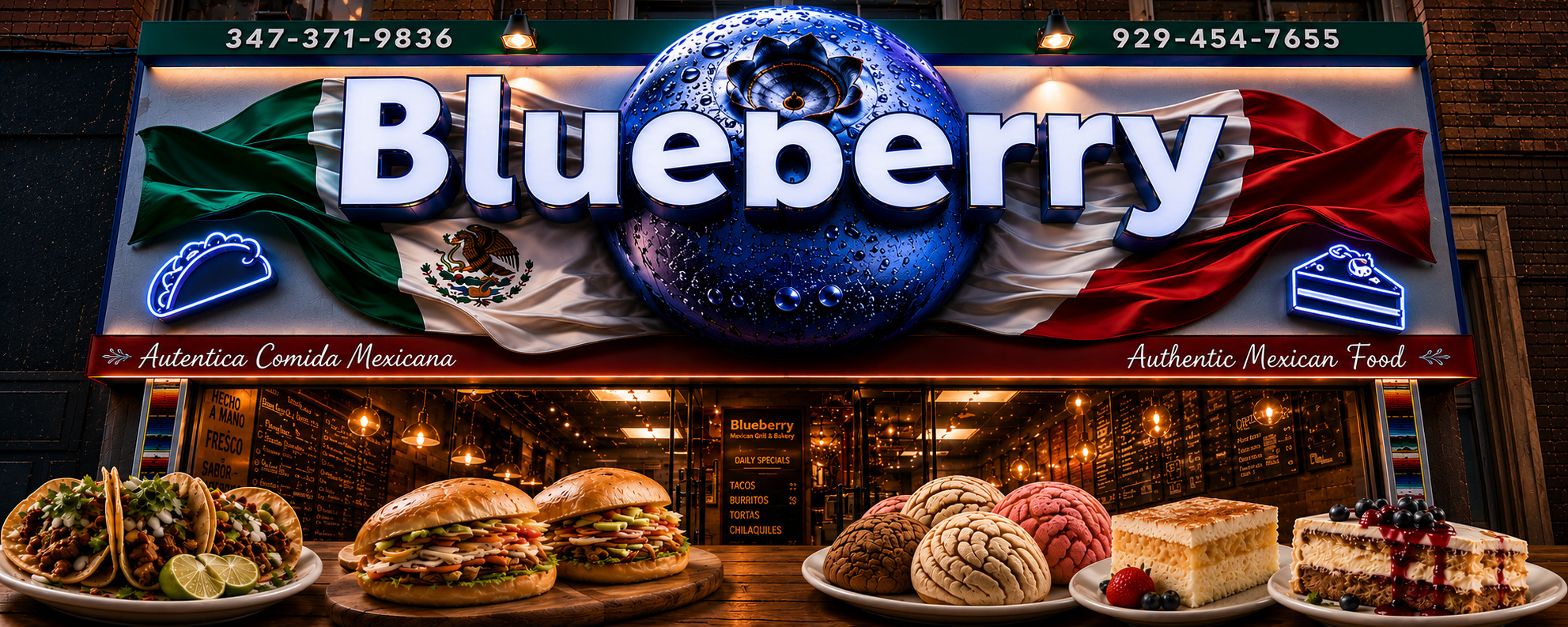 Blueberry Mexican Grill & Bakery storefront with tacos, tortas and pan dulce